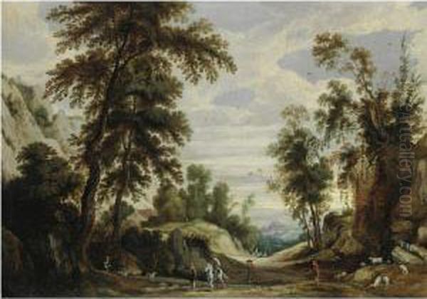 An Extensive Mountainous 
Landscape With A Horseman And Shepherdswith Their Flock On A Path Oil Painting by Jan Wildens