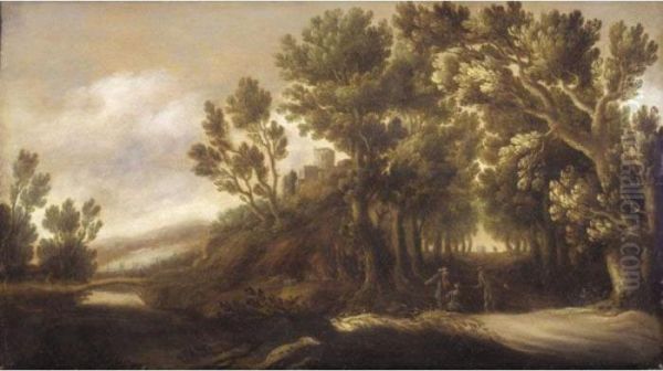 A Wooded River Landscape With Figures Conversing Beside A Track In The Foreground Oil Painting by Jan Wildens