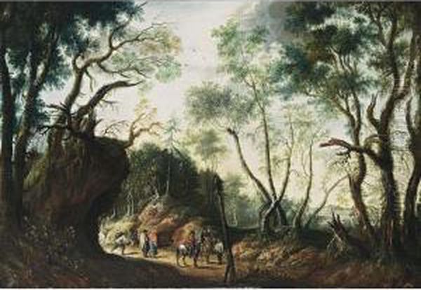 A Wooded Landscape With Horsemen And Travellers On A Path Oil Painting by Jan Wildens