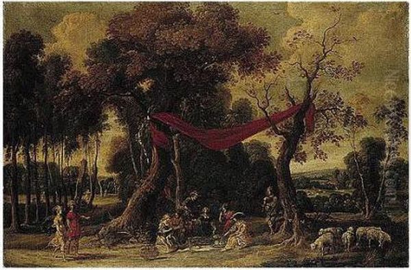 Elegant Figures Feasting In A Wooded Landscape Oil Painting by Jan Wildens