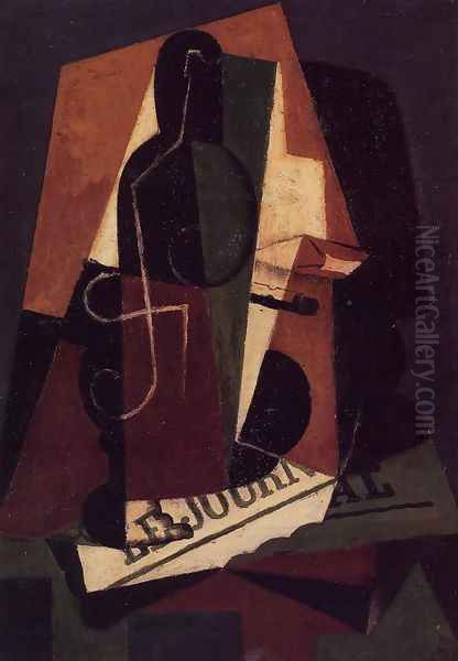 Bottle and Glass Oil Painting by Juan Gris