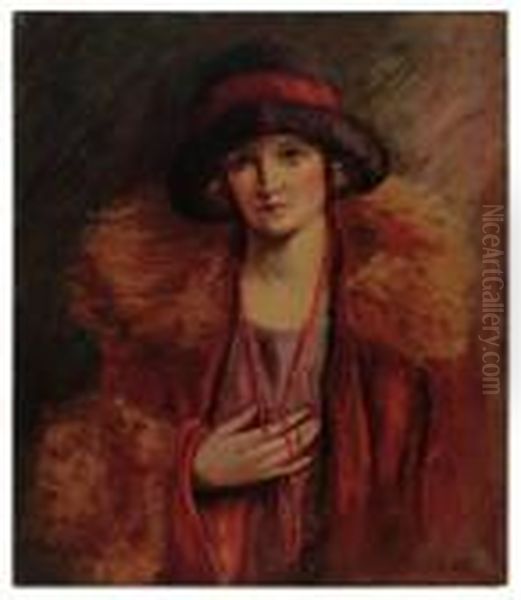 Portrait Of A Woman In A Red, Fur-lined Coat. by Irving Ramsay Wiles