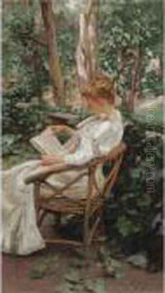 Reading In The Garden Oil Painting by Irving Ramsay Wiles