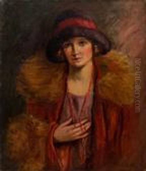 Portrait Of A Woman In A Red, Fur-lined Coat Oil Painting by Irving Ramsay Wiles