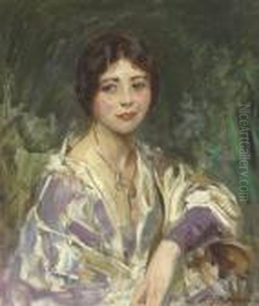 Woman In Purple And White Oil Painting by Irving Ramsay Wiles