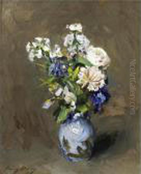 Bouquet In A Blue Vase Oil Painting by Irving Ramsay Wiles