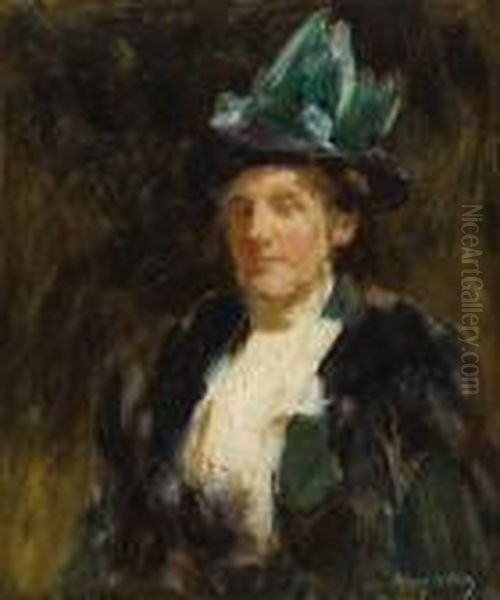 Study Of A Lady In Green Oil Painting by Irving Ramsay Wiles