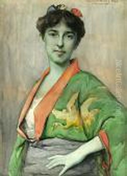 Woman In A Japanese Kimono Oil Painting by Irving Ramsay Wiles