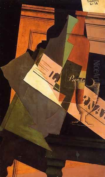 Bottle, Glass and Newspaper Oil Painting by Juan Gris