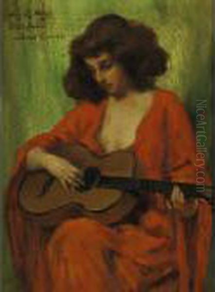 Lady In Red Playing A Guitar Oil Painting by Irving Ramsay Wiles