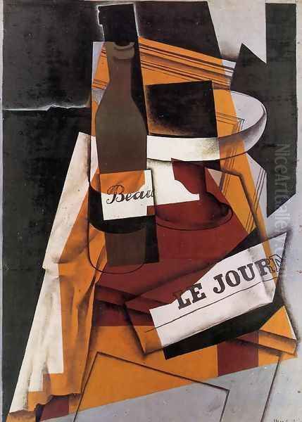 Bottle, Newspaper and Fruit Bowl Oil Painting by Juan Gris