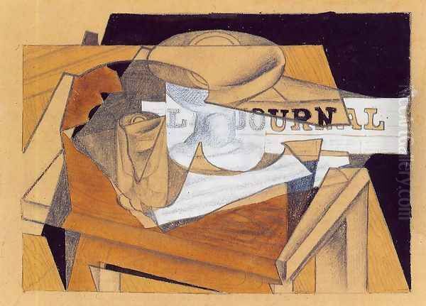 Bowl, Glass and Newspaper Oil Painting by Juan Gris