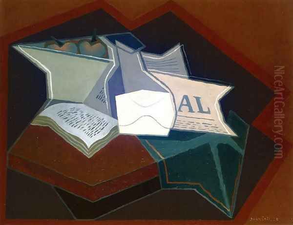 Compotier, Carafe and Open Book Oil Painting by Juan Gris