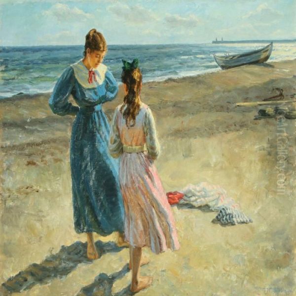 Mother And Daughteron The Beach Oil Painting by Johannes Martin Fastings Wilhjelm