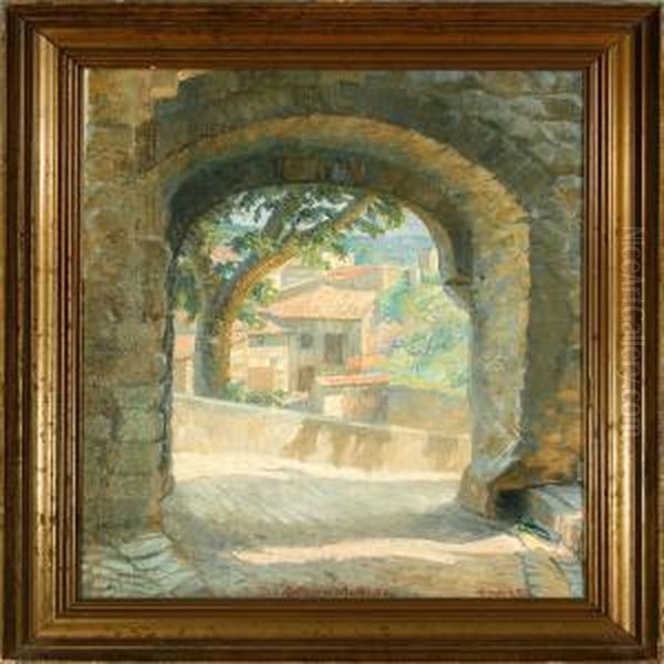 A View Through A Port To An Italian Village Oil Painting by Johannes Martin Fastings Wilhjelm