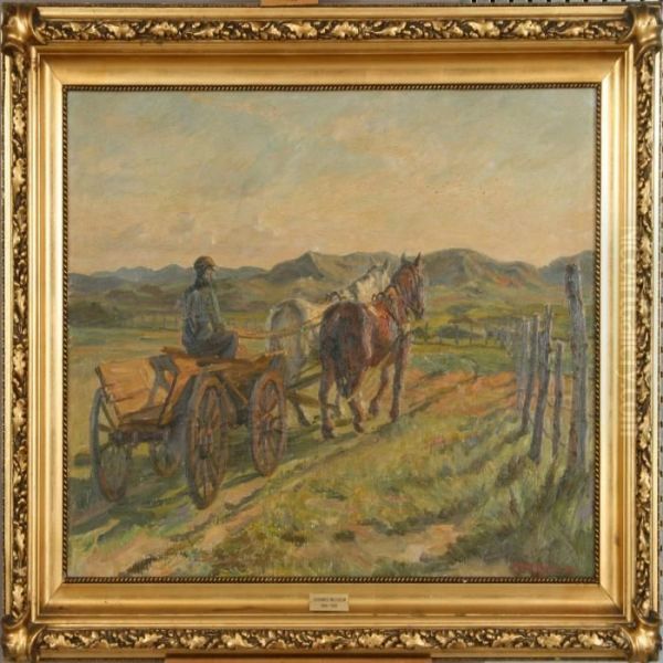 Johannes Wilhjelm: Man With Horses And A Carriage. Signed J. Wilhjelm 36 Oil Painting by Johannes Martin Fastings Wilhjelm