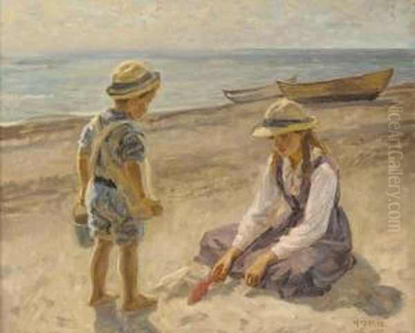 On The Beach Oil Painting by Johannes Martin Fastings Wilhjelm