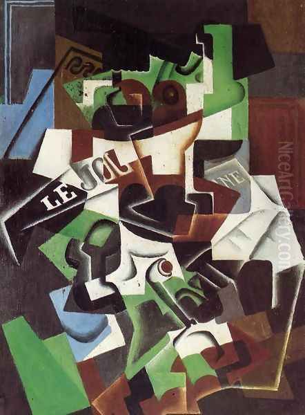 Fruit Bowl, Pipe and Newspaper Oil Painting by Juan Gris