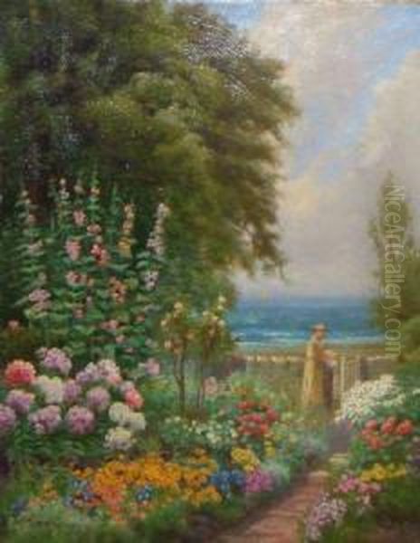 Lady Picking Flowers In Floral Garden By The Sea Oil Painting by Arthur Stanley Wilkinson