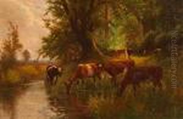 A Pastoral Landscape With Cattle Grazing And Watering In A Pond Oil Painting by Arthur Stanley Wilkinson