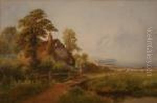 Figures Outside A Cottage Near Sheep In A Coastal Landscape Oil Painting by Arthur Stanley Wilkinson