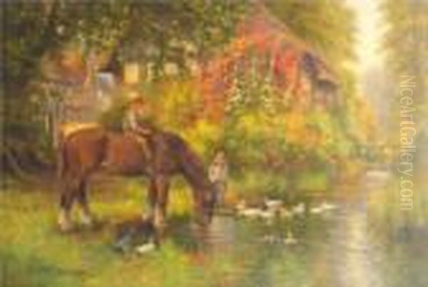 A Man On Horseback Watering With
 Children And Ducks In A Pond And Timbered Buildings Beyond Oil Painting by Arthur Stanley Wilkinson