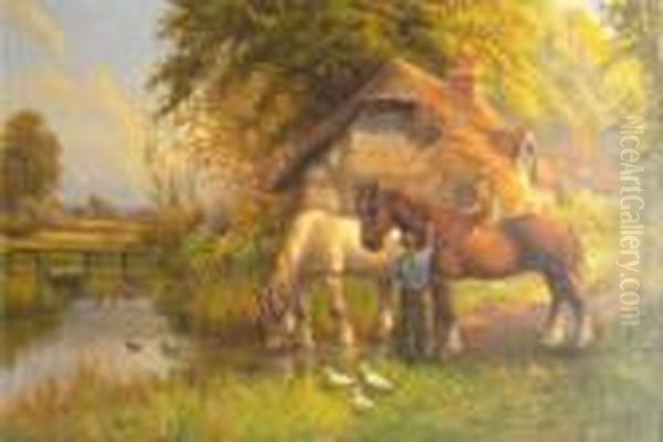 A Man With A Child On Horseback With Another Horse Watering Oil Painting by Arthur Stanley Wilkinson