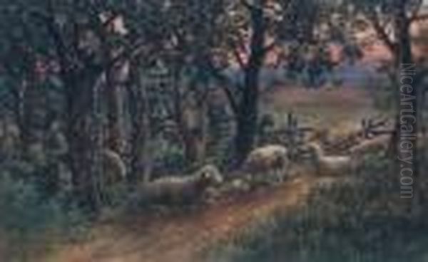 Sheep Grazing At Sunset. Oil Painting by Thomas Harrison Wilkinson