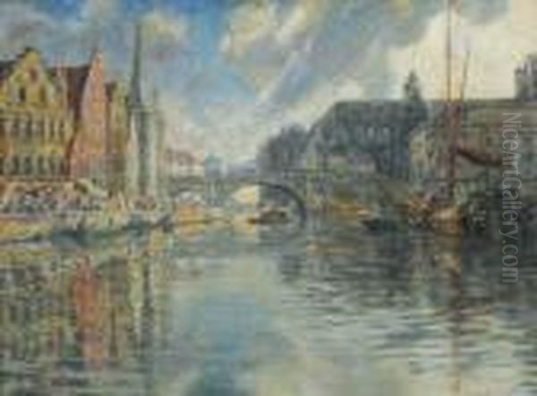 La Lys Et Le Graslei A Gand Oil Painting by Ferdinand Willaert