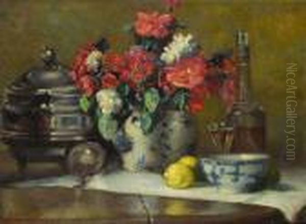 Stillleben Mit Blumen, Flasche, Glas, Schale, Zitronen Und Deckelgefass Oil Painting by Ferdinand Willaert