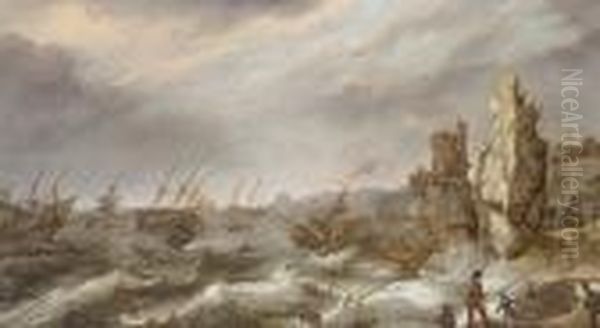 Dutch Shipping Foundering In Stormy Seas, A Village On A Rocky Outcrop Beyond Oil Painting by Abraham Willaerts