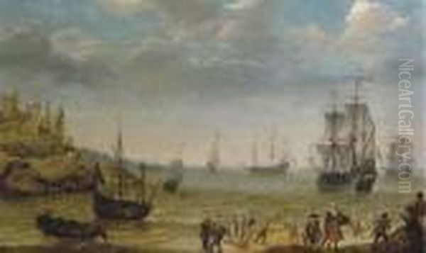 A Rocky Coastal Scene With 
Fisherfolk Bringing In Their Catch, A Man-of-war And Other Shipping 
Offshore Oil Painting by Abraham Willaerts