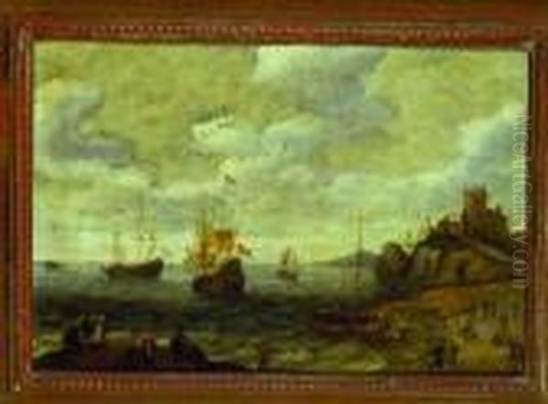 Figures On A Coast With Shipping And Fishing Off Shore Oil Painting by Abraham Willaerts