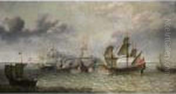 A Battle Scene At Sea Between The Spanish And Dutch Fleet Oil Painting by Abraham Willaerts