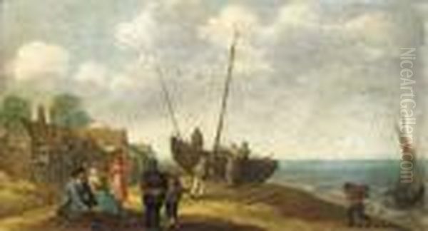 A Coastal Landscape With Fish Sellers By A Beached Boat, A Village Beyond Oil Painting by Abraham Willaerts