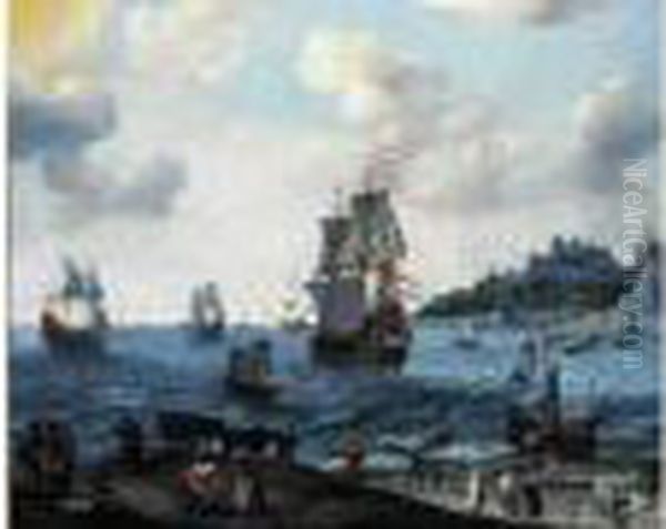 Vue D'un Port Avec Des Personnages Et Des Bateaux Hollandais Et Anglais Oil Painting by Abraham Willaerts