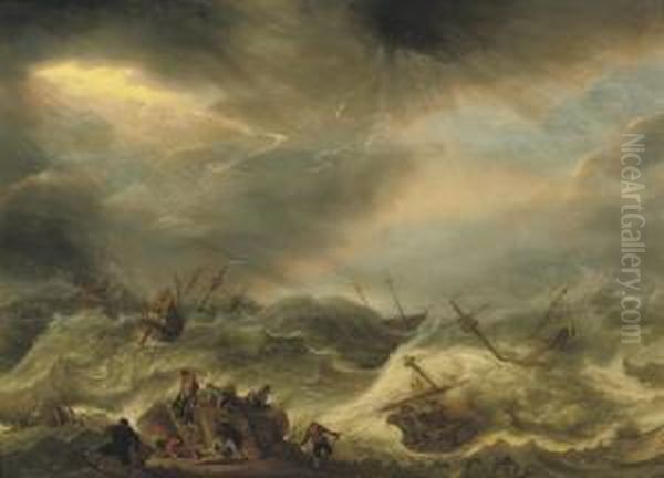 A Shipwreck In Stormy Waters Oil Painting by Adam Willaerts