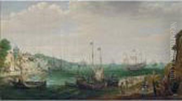 A Coastal Landscape With Fishing
 Boats, Men-of-war And Other Shipping, Fishermen Unloading Their Catch 
And A Fortified Town On The Left In The Foreground Oil Painting by Adam Willaerts