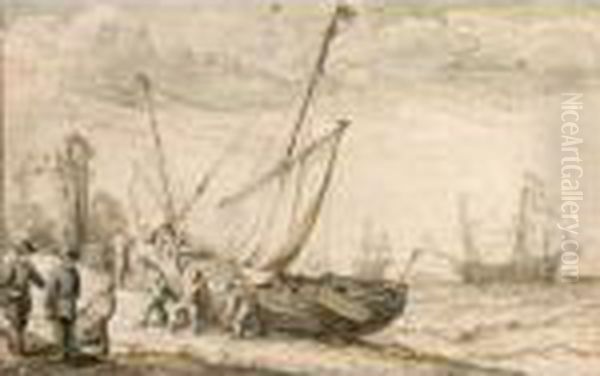 Fisherfolk Hauling Their Boat 
Onto The Shore, With Shipping Behind And A Tower To The Left Oil Painting by Adam Willaerts