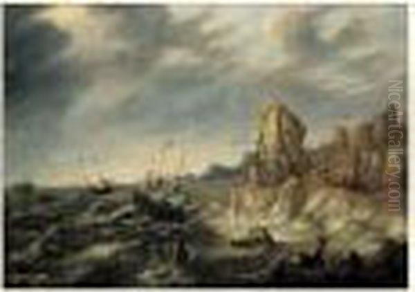 Scene De Tempete Pres D'un Rivage Oil Painting by Adam Willaerts