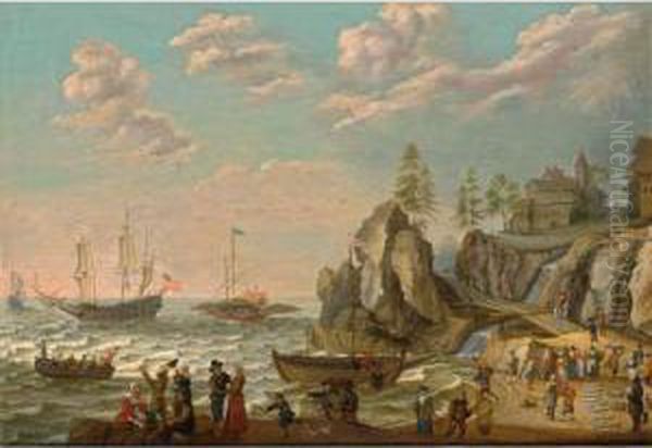 A Coastal Landscape With A 
Galley, An English Galley Frigate, A Fisher Pink, And A Rowing Boat On 
Choppy Waters, Fishermen Unloading And Selling Their Catch On The Beach 
Near A Village Oil Painting by Isaac Willaerts