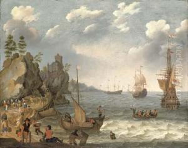 A Coastal Landscape With 
Shipping And Fishermen Selling Their Catch, A Fortified Settlement On 
The Cliffs Beyond Oil Painting by Isaac Willaerts