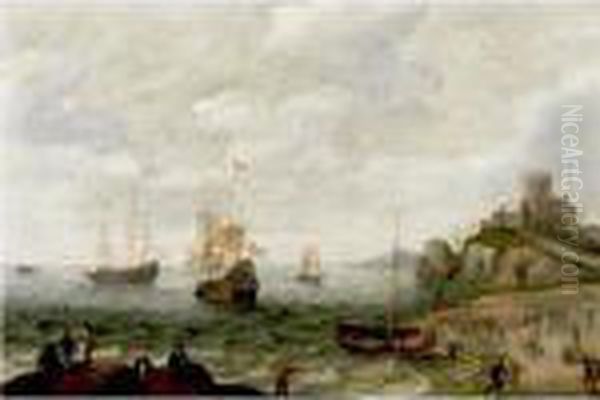 Coastal Landscape With Ships At Anchor And Fisherfolk Oil Painting by Isaac Willaerts