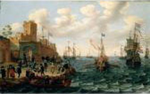 A Coastal Landscape With Dutch 
Men Of War And Barges Off The Coast, Orientals And Other Figures Before 
The Walls Of A Town In The Foreground Oil Painting by Isaac Willaerts