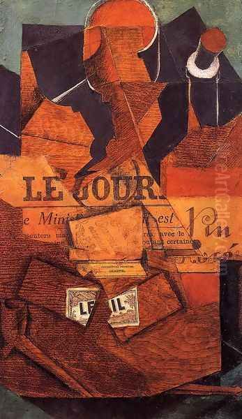 Tobacco, Newspaper and Bottle of Wine Oil Painting by Juan Gris