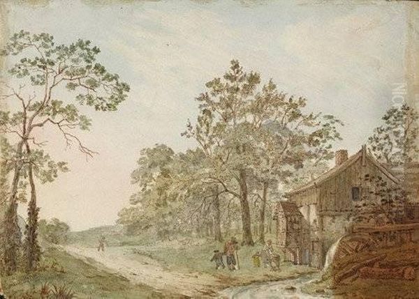 Landschaft Mit Wanderern Bei Einer Wassermuhle Oil Painting by Johann Georg Wille