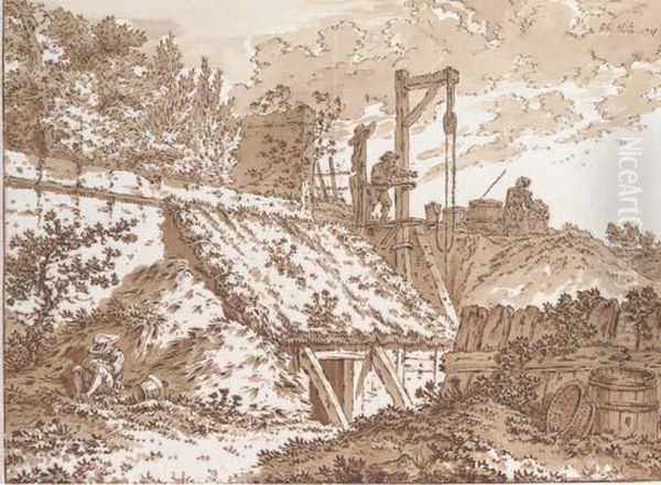 A Hut Built Against A Garden Wall, Figures Drawing Water At A Wellbeyond Oil Painting by Johann Georg Wille