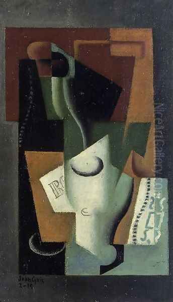 Glass and Bottle Oil Painting by Juan Gris