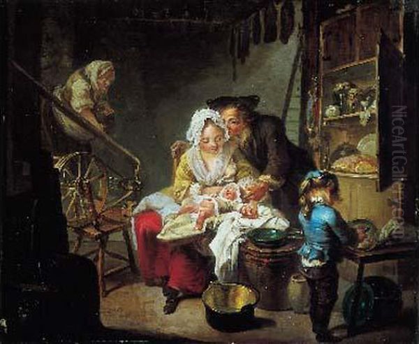 Scene De Famille Pres D'une Fileuse Oil Painting by Johann Georg Wille