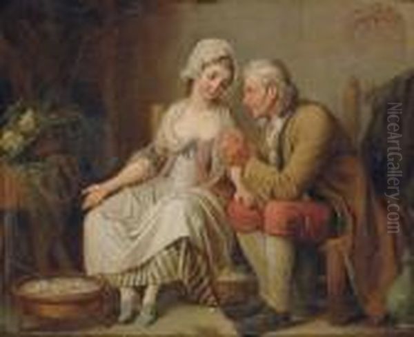 An Old Man Threading A Needle For A Young Seamstress Before A Brazier Of Coals Oil Painting by Pierre-Alexandre Wille